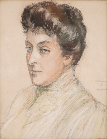 An early 20th century French School pastel, Head and shoulders portrait of a woman, indistinctly signed, together with a colour print of the Virgin Mary and Child, largest 26 x 17cm, housed in a hand painted and partiall